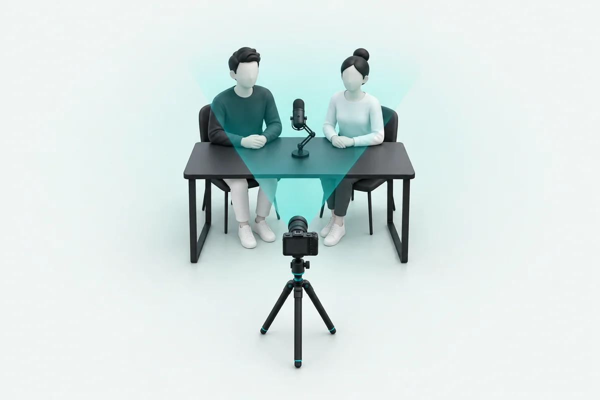 Schema eines Podcast-Setups mit zwei Personen an einem Tisch und einer Kamera von vorne